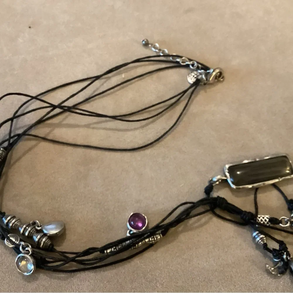 Black Triple Strand Corded Necklace with Multi-Color Charm Accents